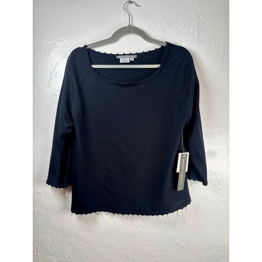 New Maggy London Sweater Black 16 Beaded Hem Silk Blend Quiet Luxury Chic Work
